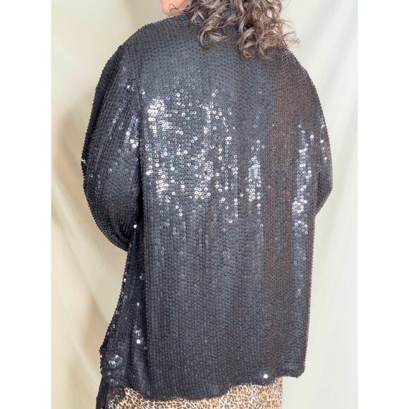 Vintage 80s 90s beaded sequin jacket sequined black formal evening silk L - Picture 11 of 13